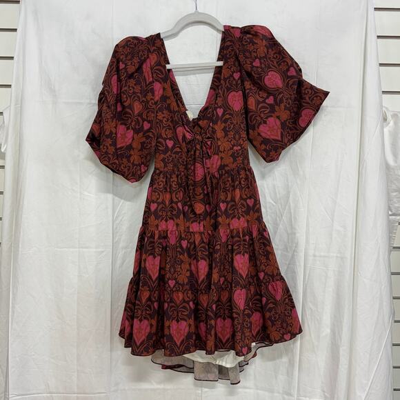 Eugenia Fernandez Floral Puff Sleeve Tie Back Babydoll Mini Dress Brown Size S - Picture 1 of 4